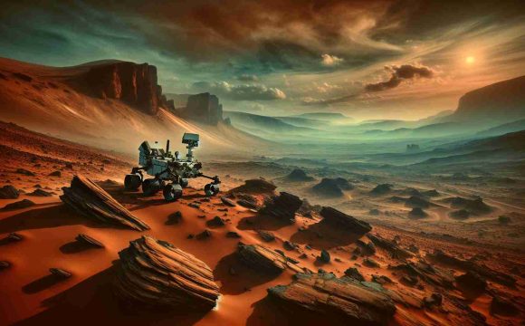 Generate a realistic HD image of Curiosity Rover embarking on an intriguing adventure on the surface of Mars. The landscape around is a hauntingly beautiful panorama of reddish-brown Martian terrains with a sky tinged in hues of orange and blue. The scene captures the rover diligently paving its way through rocky formations, leaving a dust trail behind.