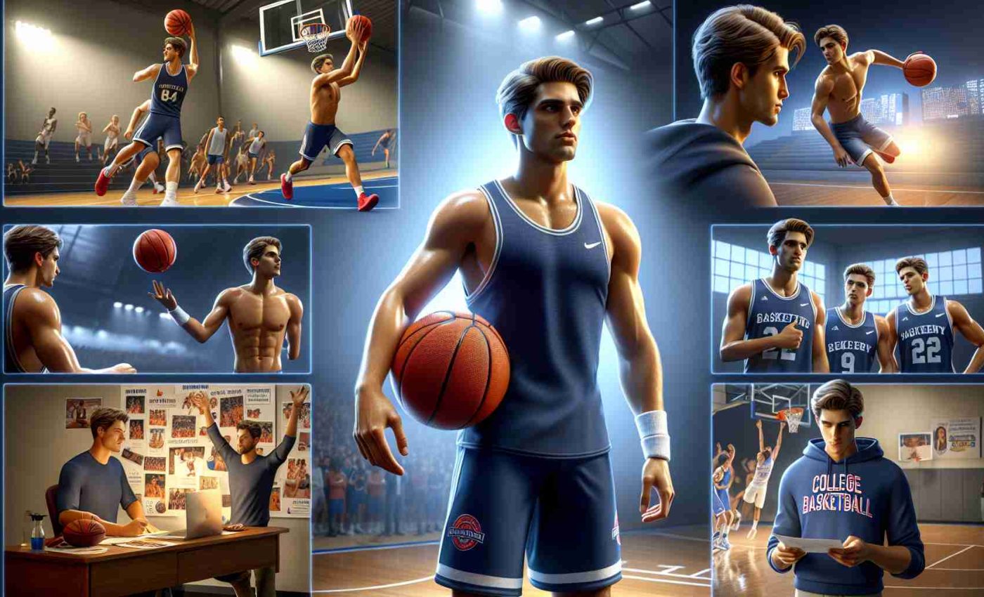 Realistic high-definition image showcasing the journey of a versatile college basketball player, named Will Riley. The scene incorporates elements that represent his rising stardom in college basketball, such as him practicing on the basketball court, participating in match actions, celebrating victories, and interacting with teammates and coaches. Ensure this image depicts a Caucasian male with sporty physique, wearing college basketball gear.