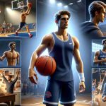 Realistic high-definition image showcasing the journey of a versatile college basketball player, named Will Riley. The scene incorporates elements that represent his rising stardom in college basketball, such as him practicing on the basketball court, participating in match actions, celebrating victories, and interacting with teammates and coaches. Ensure this image depicts a Caucasian male with sporty physique, wearing college basketball gear.