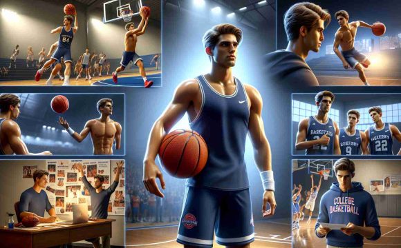 Realistic high-definition image showcasing the journey of a versatile college basketball player, named Will Riley. The scene incorporates elements that represent his rising stardom in college basketball, such as him practicing on the basketball court, participating in match actions, celebrating victories, and interacting with teammates and coaches. Ensure this image depicts a Caucasian male with sporty physique, wearing college basketball gear.