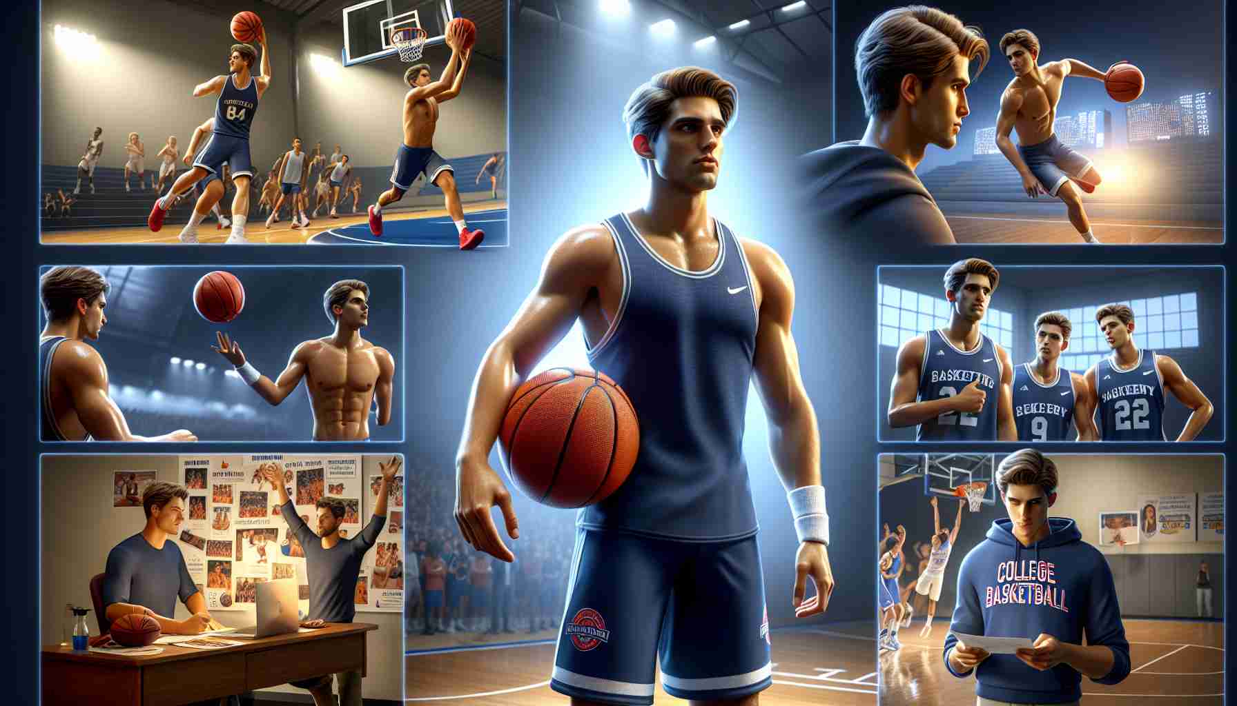 Realistic high-definition image showcasing the journey of a versatile college basketball player, named Will Riley. The scene incorporates elements that represent his rising stardom in college basketball, such as him practicing on the basketball court, participating in match actions, celebrating victories, and interacting with teammates and coaches. Ensure this image depicts a Caucasian male with sporty physique, wearing college basketball gear.