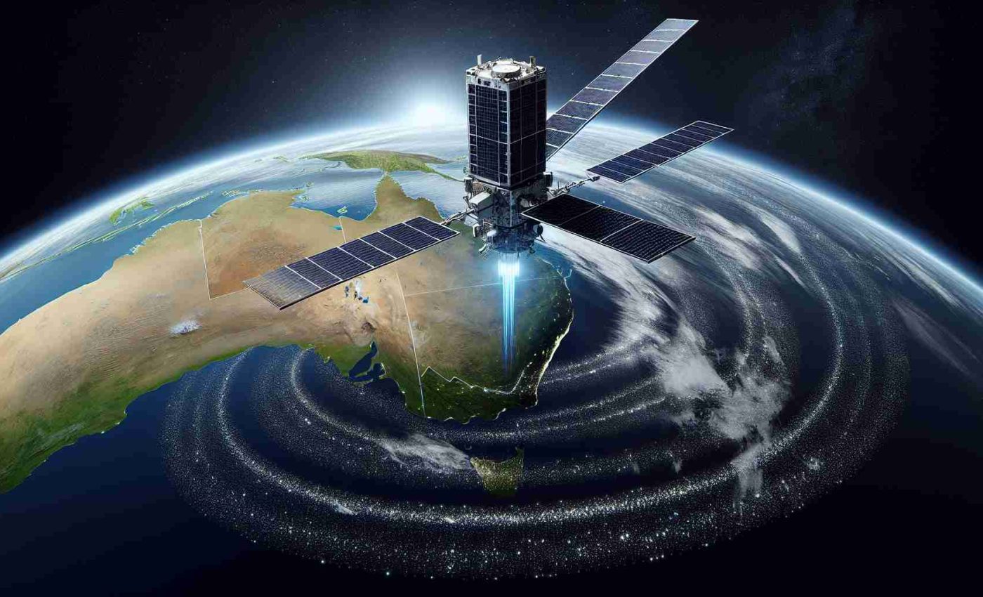 Generate a realistic, high-definition image showing a new satellite that is being leveraged for future communications in Australia. The satellite is in outer space with the planet Earth visible in the background. The perspective is from a distance, allowing Australia to be visible on the Earth's surface. There's a transmission wave emanating from the satellite, indicating its communication capabilities.