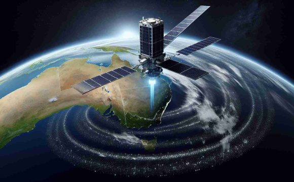 Generate a realistic, high-definition image showing a new satellite that is being leveraged for future communications in Australia. The satellite is in outer space with the planet Earth visible in the background. The perspective is from a distance, allowing Australia to be visible on the Earth's surface. There's a transmission wave emanating from the satellite, indicating its communication capabilities.