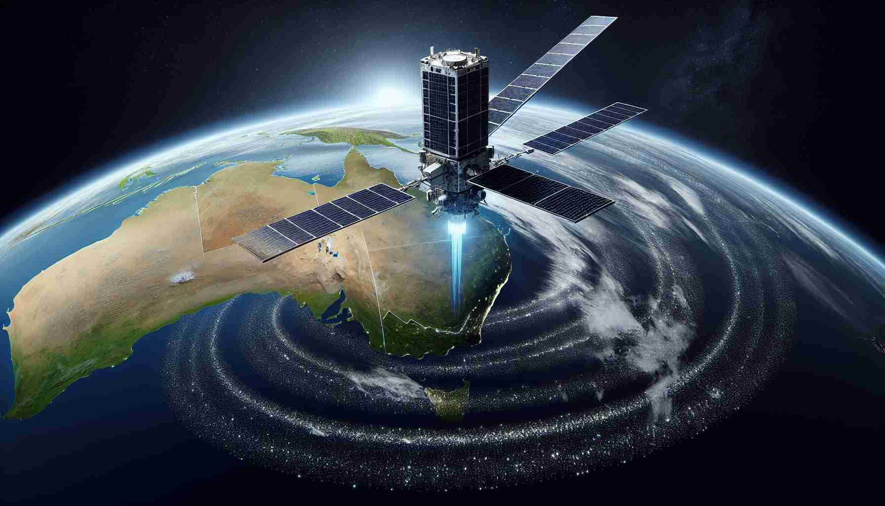 Generate a realistic, high-definition image showing a new satellite that is being leveraged for future communications in Australia. The satellite is in outer space with the planet Earth visible in the background. The perspective is from a distance, allowing Australia to be visible on the Earth's surface. There's a transmission wave emanating from the satellite, indicating its communication capabilities.