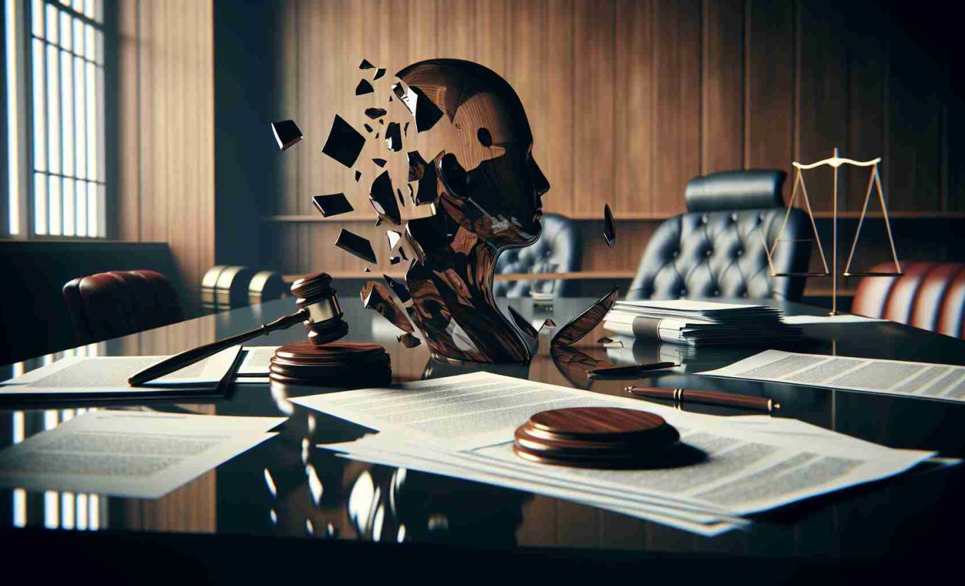 A realistic, high-definition photograph depicting an abstract representation of a government scandal. The image could include symbolic elements such as a gavel indicating punishment, paperwork suggesting official duties, or a shattered mirror hinting at deception and misconduct. The office space should look formal, perhaps with wooden furniture, and a serious and somber mood should permeate the scene.