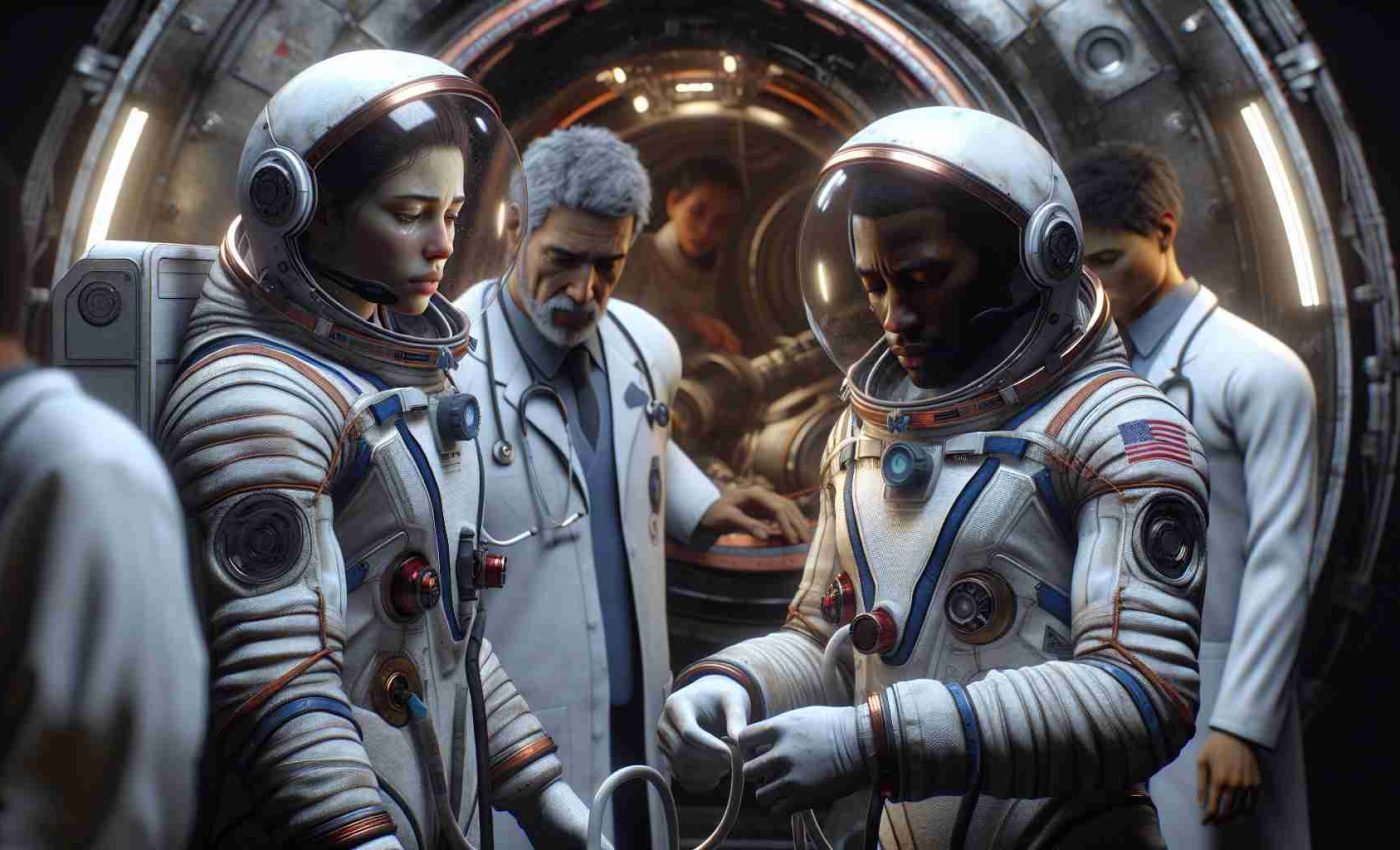 A high-definition, realistic image portraying the scene of astronauts returning from an extended space mission. The astronauts, one Caucasian female and one Black male, look noticeably tired, which raises concerns about their health. They are removing their space helmets, revealing sweat on their foreheads. The space capsule behind them has the look of having withstood an arduous journey. Medical personnel, a Hispanic male and a Middle-Eastern female, clad in white coats are waiting to check them, their faces holding a blend of concern and anticipation.