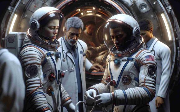 A high-definition, realistic image portraying the scene of astronauts returning from an extended space mission. The astronauts, one Caucasian female and one Black male, look noticeably tired, which raises concerns about their health. They are removing their space helmets, revealing sweat on their foreheads. The space capsule behind them has the look of having withstood an arduous journey. Medical personnel, a Hispanic male and a Middle-Eastern female, clad in white coats are waiting to check them, their faces holding a blend of concern and anticipation.