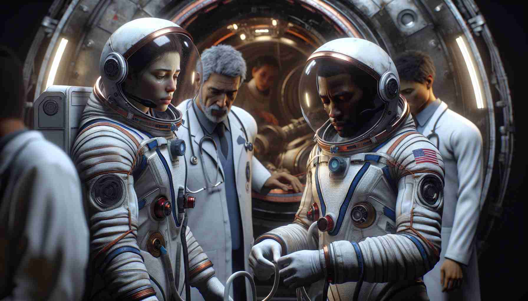 A high-definition, realistic image portraying the scene of astronauts returning from an extended space mission. The astronauts, one Caucasian female and one Black male, look noticeably tired, which raises concerns about their health. They are removing their space helmets, revealing sweat on their foreheads. The space capsule behind them has the look of having withstood an arduous journey. Medical personnel, a Hispanic male and a Middle-Eastern female, clad in white coats are waiting to check them, their faces holding a blend of concern and anticipation.