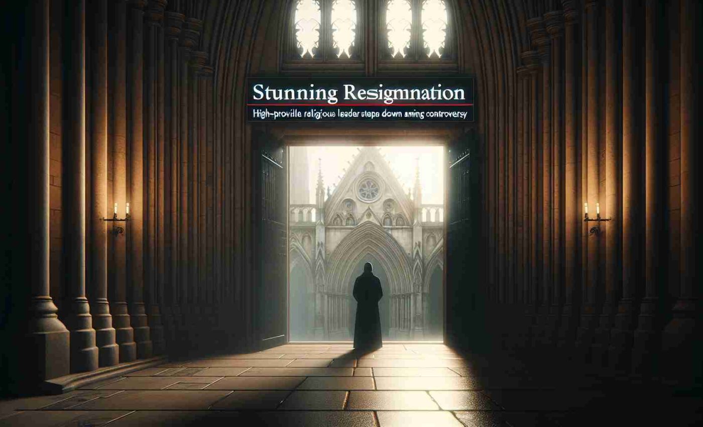 High-quality image of a breaking news headline, 'Stunning Resignation: High-profile Religious Leader Steps Down Amid Controversy.' The background of the image should be the exterior of a Neo-Gothic styled cathedral. Light should reflect subtly off the ancient stones of the cathedral, signaling an early morning scene. A silhouette of a anonymous religious figure should be visible in the cathedral's doorway, representing the departing leader. The color palette should be muted and solemn, to reflect the gravity of the situation.