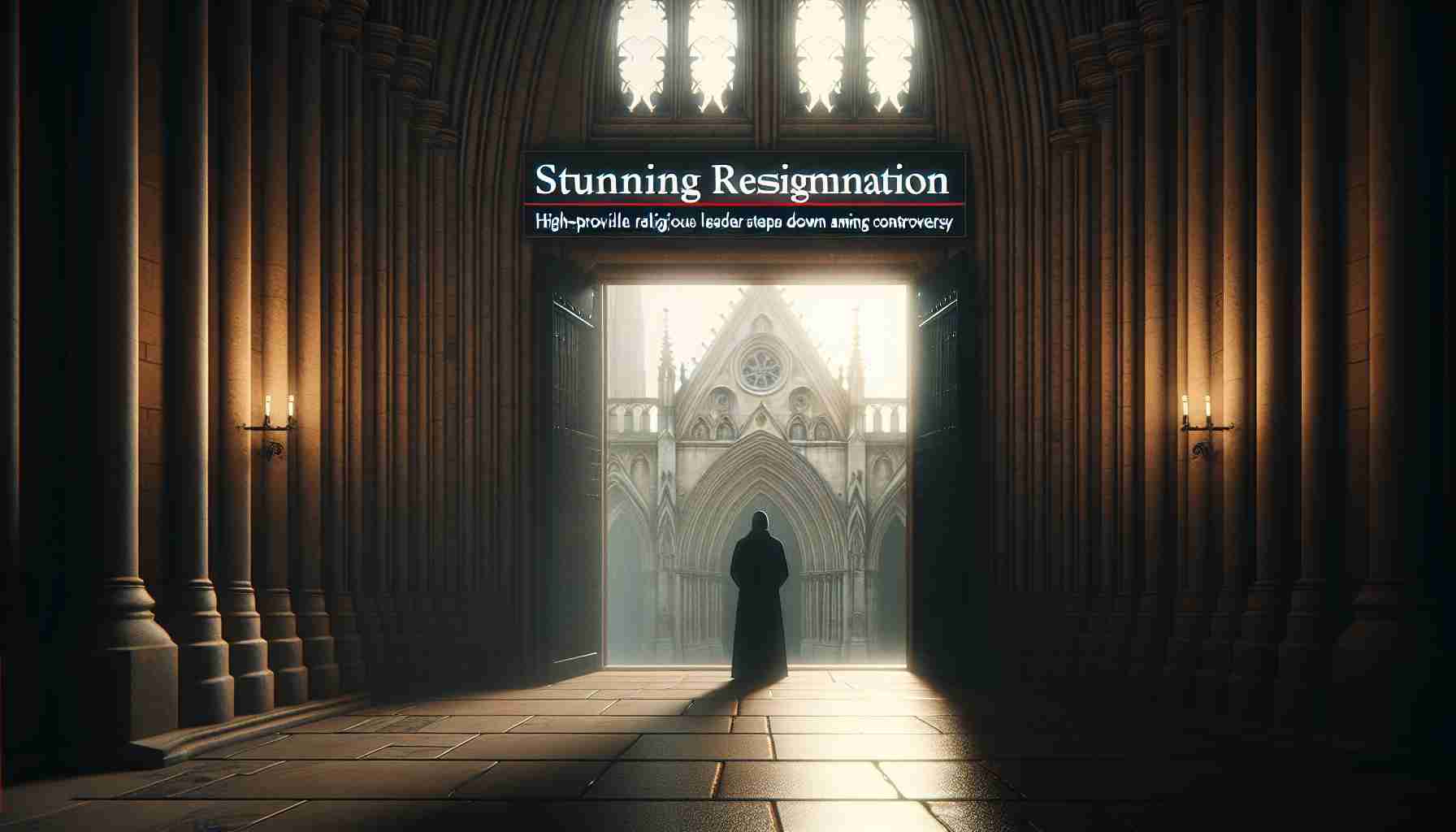 High-quality image of a breaking news headline, 'Stunning Resignation: High-profile Religious Leader Steps Down Amid Controversy.' The background of the image should be the exterior of a Neo-Gothic styled cathedral. Light should reflect subtly off the ancient stones of the cathedral, signaling an early morning scene. A silhouette of a anonymous religious figure should be visible in the cathedral's doorway, representing the departing leader. The color palette should be muted and solemn, to reflect the gravity of the situation.