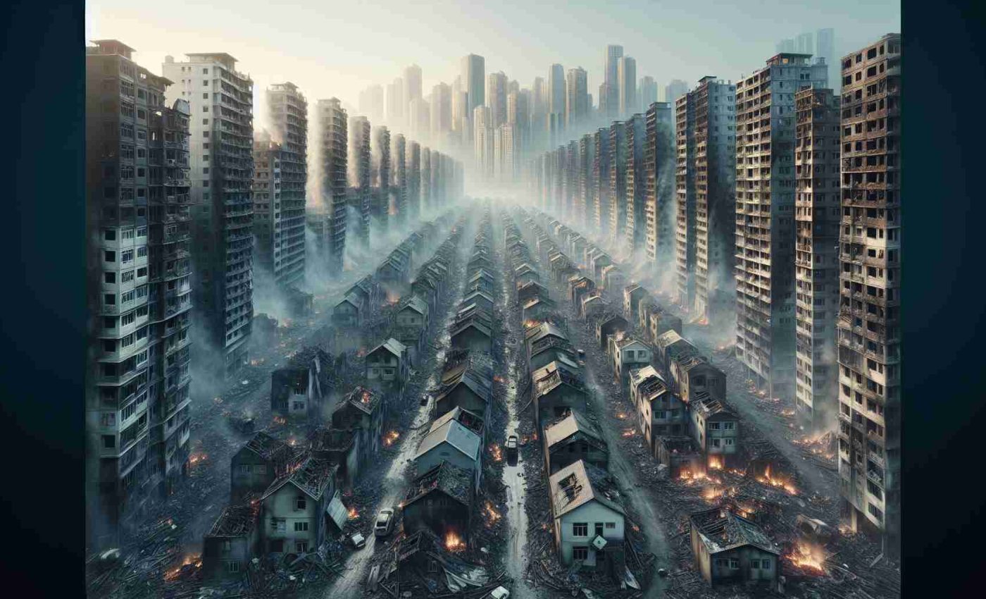 Generate a realistic high-definition image depicting a tragic scene in a large metropolitan city, where homes have been destroyed due to a roaring fire. Very few structures remain, with bundles of ashes and remnants of residential buildings showing the massive extent of the blaze's damage. Struck by this calamity, the residents, consisting of people from varying descents like Caucasian, Middle-Eastern, South Asian, and Black, and of different genders, can be seen, mournfully observing their charred homes, left homeless from the catastrophe.