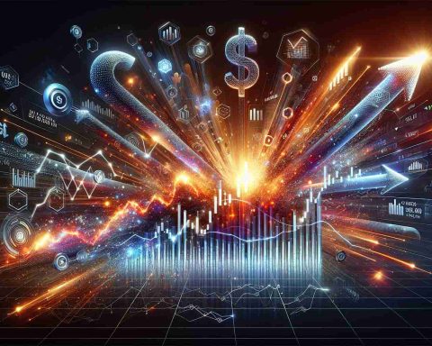 Realistic high-definition image of exploding stocks symbolizing the rise of a fictitious data-driven technology company. The design includes a mixture of technology elements such as network diagrams, streams of binary code, and digital interfaces, along with traditional financial symbols like up-trending line charts and dollar signs.