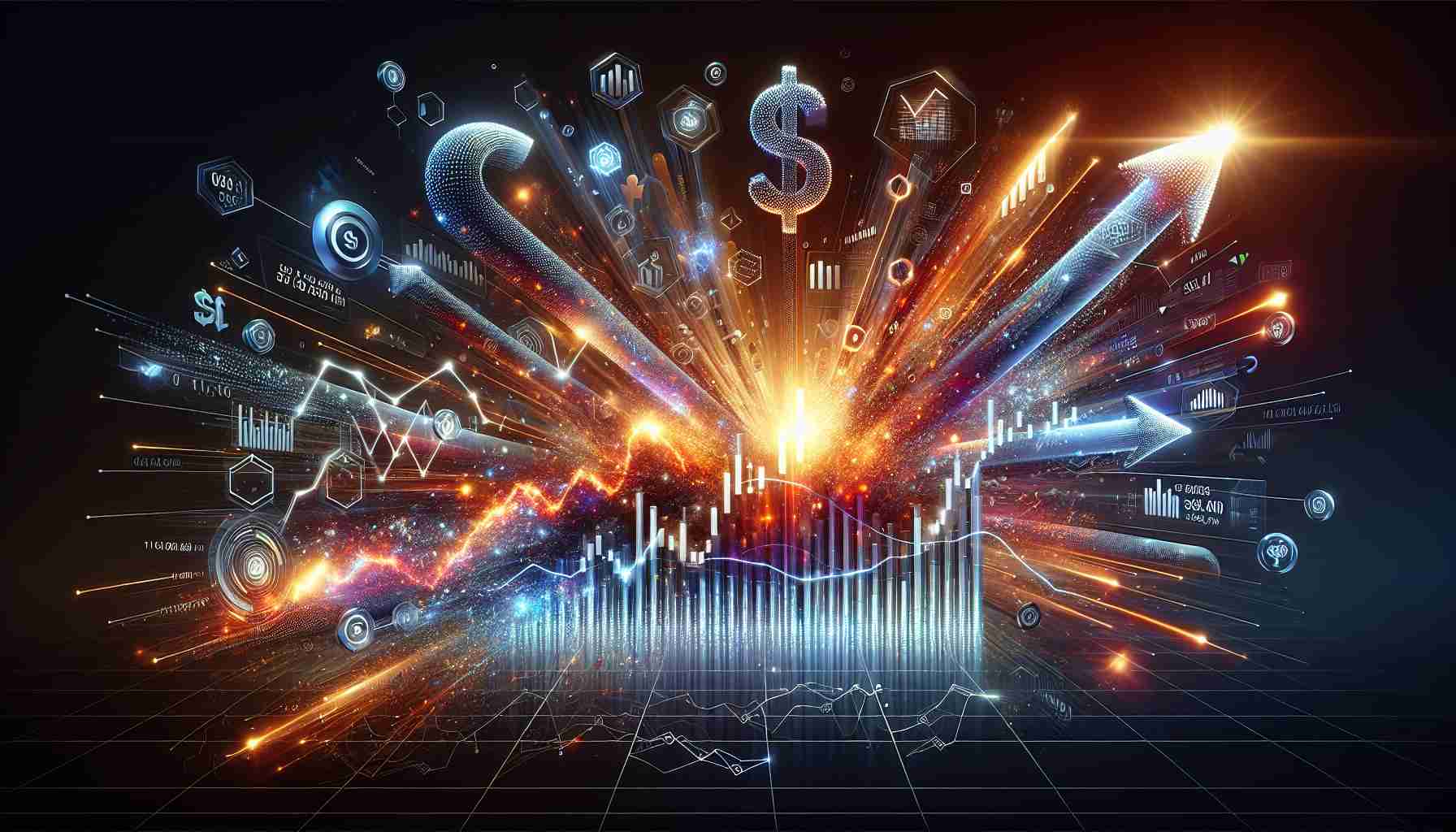 Realistic high-definition image of exploding stocks symbolizing the rise of a fictitious data-driven technology company. The design includes a mixture of technology elements such as network diagrams, streams of binary code, and digital interfaces, along with traditional financial symbols like up-trending line charts and dollar signs.