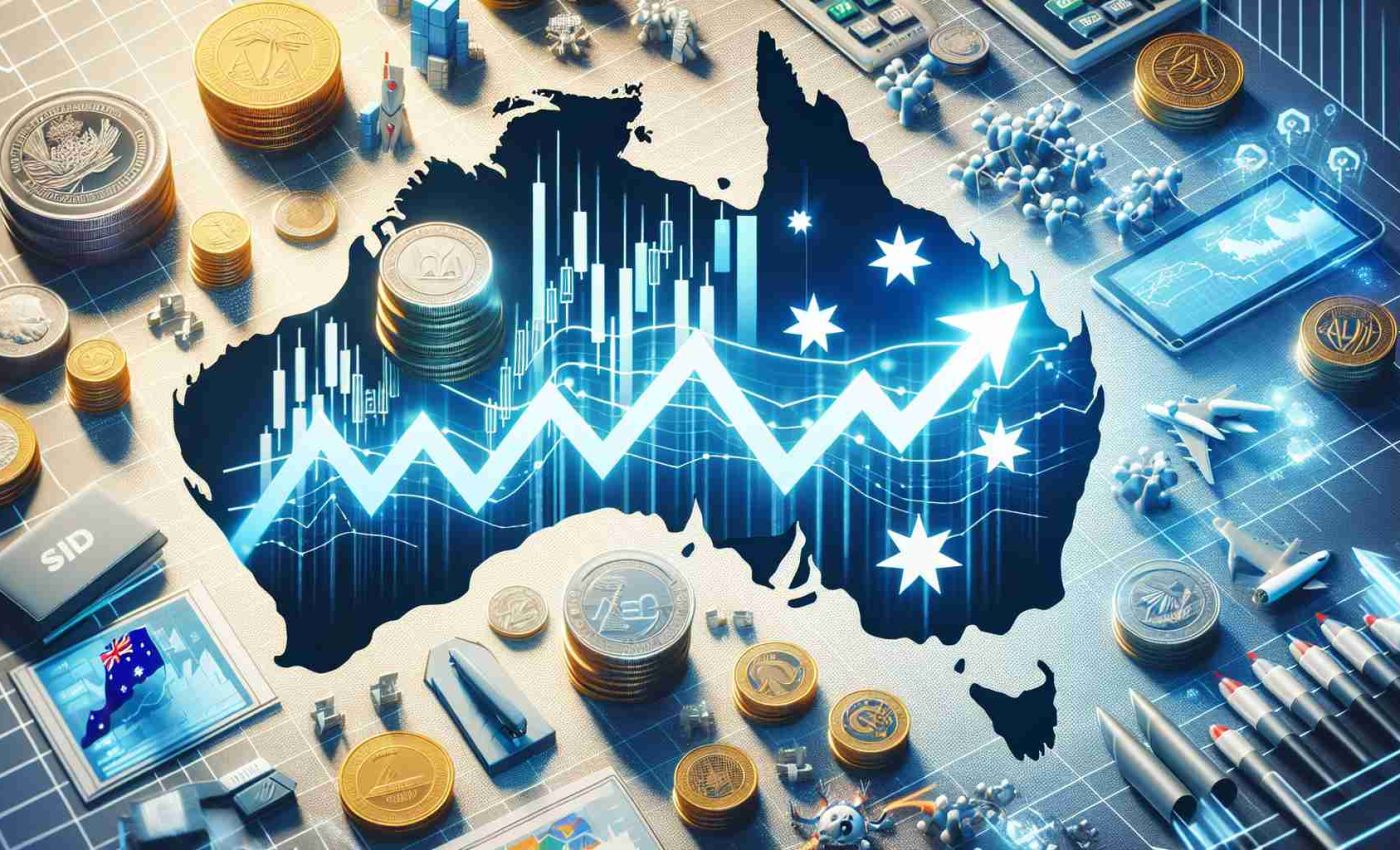 Generate a high-definition image that symbolizes the surge in the Australian economy. Include elements such as ascending stock market graphs, logos of thriving industries, images of infrastructure development and coins of Australian currency, all set against the backdrop of a map of Australia. Please ensure the imagery remains objective and does not favor specific sectors or companies.