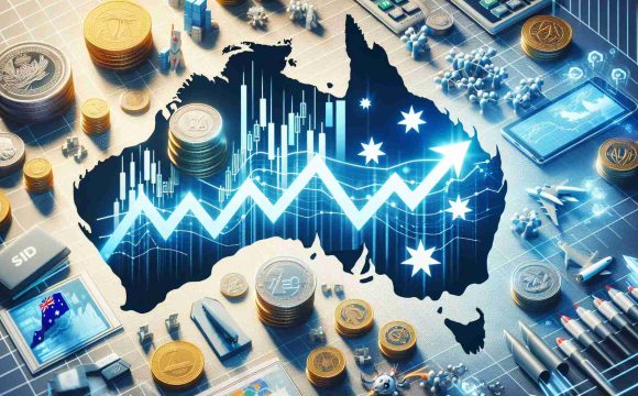 Generate a high-definition image that symbolizes the surge in the Australian economy. Include elements such as ascending stock market graphs, logos of thriving industries, images of infrastructure development and coins of Australian currency, all set against the backdrop of a map of Australia. Please ensure the imagery remains objective and does not favor specific sectors or companies.