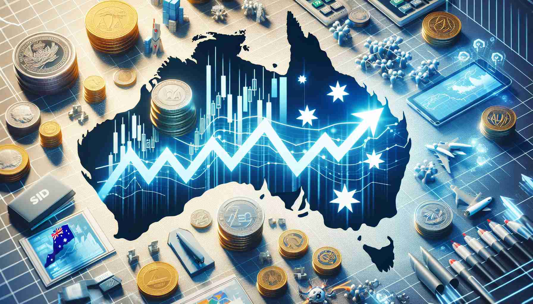 Generate a high-definition image that symbolizes the surge in the Australian economy. Include elements such as ascending stock market graphs, logos of thriving industries, images of infrastructure development and coins of Australian currency, all set against the backdrop of a map of Australia. Please ensure the imagery remains objective and does not favor specific sectors or companies.