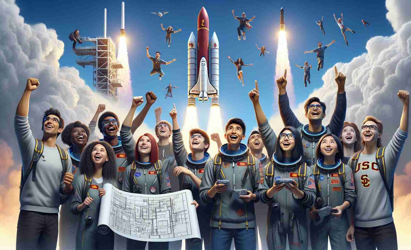 An ultra high-definition realistic image of a variety of USC students, excitedly celebrating a record-breaking rocket launch. There should be a blend of different genders and descents, including Caucasian, Hispanic, Black, Middle-Eastern and South Asian students. The rocket is depicted soaring against a clear, blue sky, leaving a trail of smoke behind it. The students are equipped with safety gear, looking up in admiration, cheers, and smiles lighting up their faces. Some are holding blueprint designs, others press buttons on remotes, capturing the essence of a successful scientific endeavor.