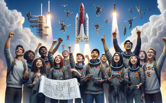 An ultra high-definition realistic image of a variety of USC students, excitedly celebrating a record-breaking rocket launch. There should be a blend of different genders and descents, including Caucasian, Hispanic, Black, Middle-Eastern and South Asian students. The rocket is depicted soaring against a clear, blue sky, leaving a trail of smoke behind it. The students are equipped with safety gear, looking up in admiration, cheers, and smiles lighting up their faces. Some are holding blueprint designs, others press buttons on remotes, capturing the essence of a successful scientific endeavor.