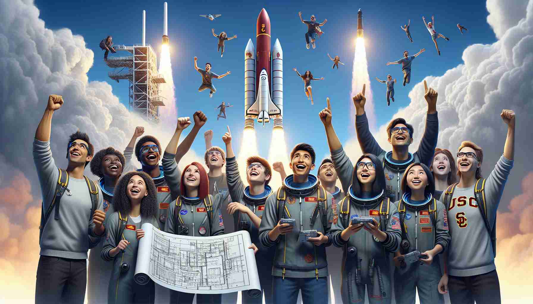 An ultra high-definition realistic image of a variety of USC students, excitedly celebrating a record-breaking rocket launch. There should be a blend of different genders and descents, including Caucasian, Hispanic, Black, Middle-Eastern and South Asian students. The rocket is depicted soaring against a clear, blue sky, leaving a trail of smoke behind it. The students are equipped with safety gear, looking up in admiration, cheers, and smiles lighting up their faces. Some are holding blueprint designs, others press buttons on remotes, capturing the essence of a successful scientific endeavor.