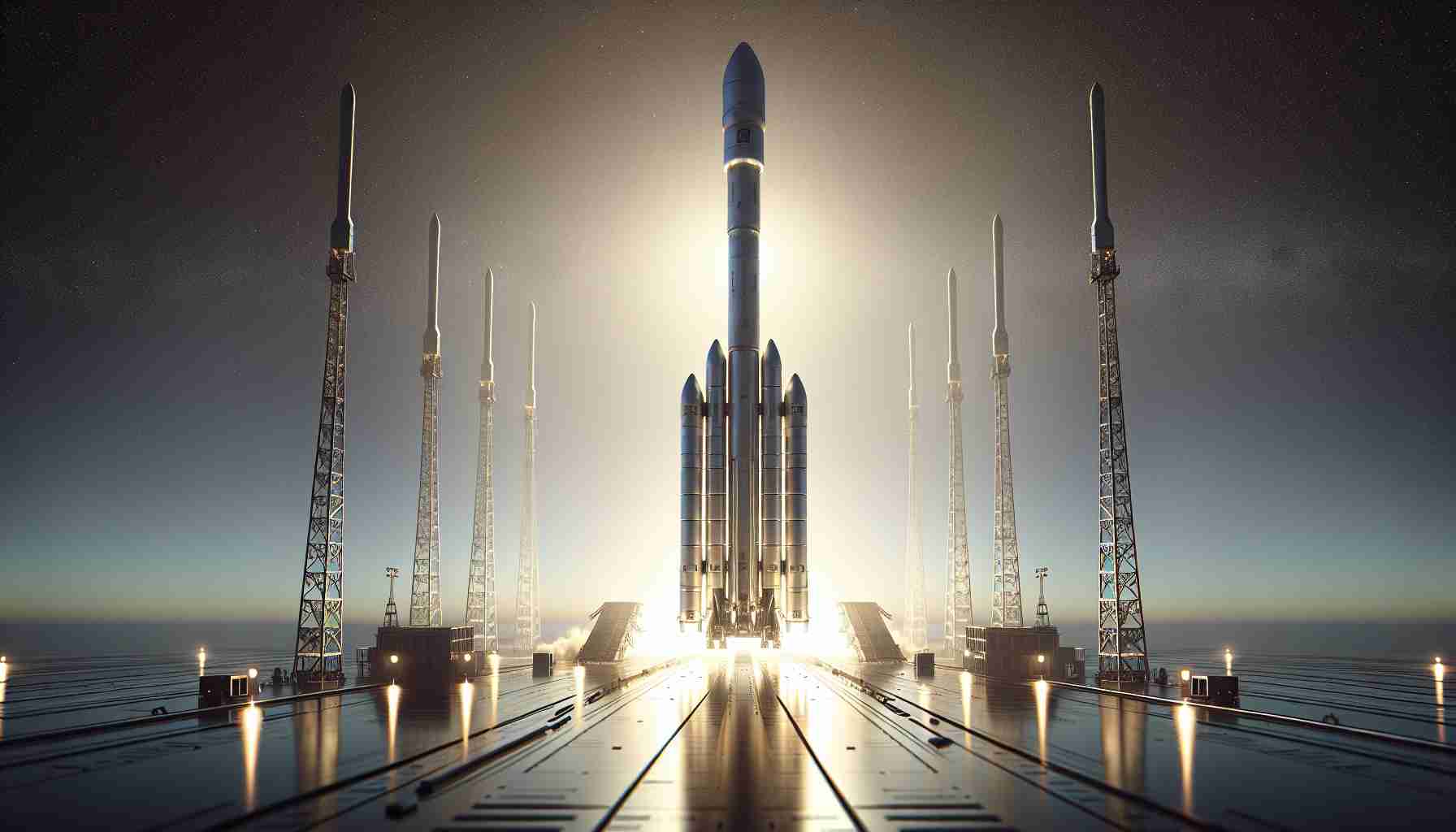 Generate a realistic high-definition image portraying a launch event. Show an advanced rocket that bears no company logo or specific identification on its body, poised majestically against a clear November sky. Around the rocket, depict 23 svelte satellites ready to be launched, adding a sense of immense technological advancement and progress to the scene.