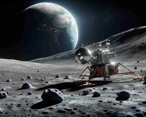 High definition realistic representation of a modern Lunar exploration mission. Depict an advanced spacecraft making its landing on the moon's surface. Include a robotic arm extending and grabbing a lunar rock sample. The rest of the moon's barren landscape stretches out in the backdrop, crater-filled, and scattered with rocks. Earth appears as a bright half-illuminated sphere in the dark space in the distance. Highlight the contrast between the technological advancements with the raw, untouched beauty of space.