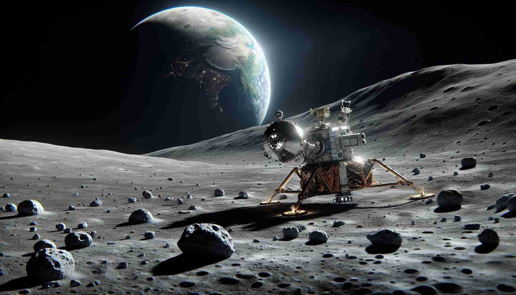 High definition realistic representation of a modern Lunar exploration mission. Depict an advanced spacecraft making its landing on the moon's surface. Include a robotic arm extending and grabbing a lunar rock sample. The rest of the moon's barren landscape stretches out in the backdrop, crater-filled, and scattered with rocks. Earth appears as a bright half-illuminated sphere in the dark space in the distance. Highlight the contrast between the technological advancements with the raw, untouched beauty of space.