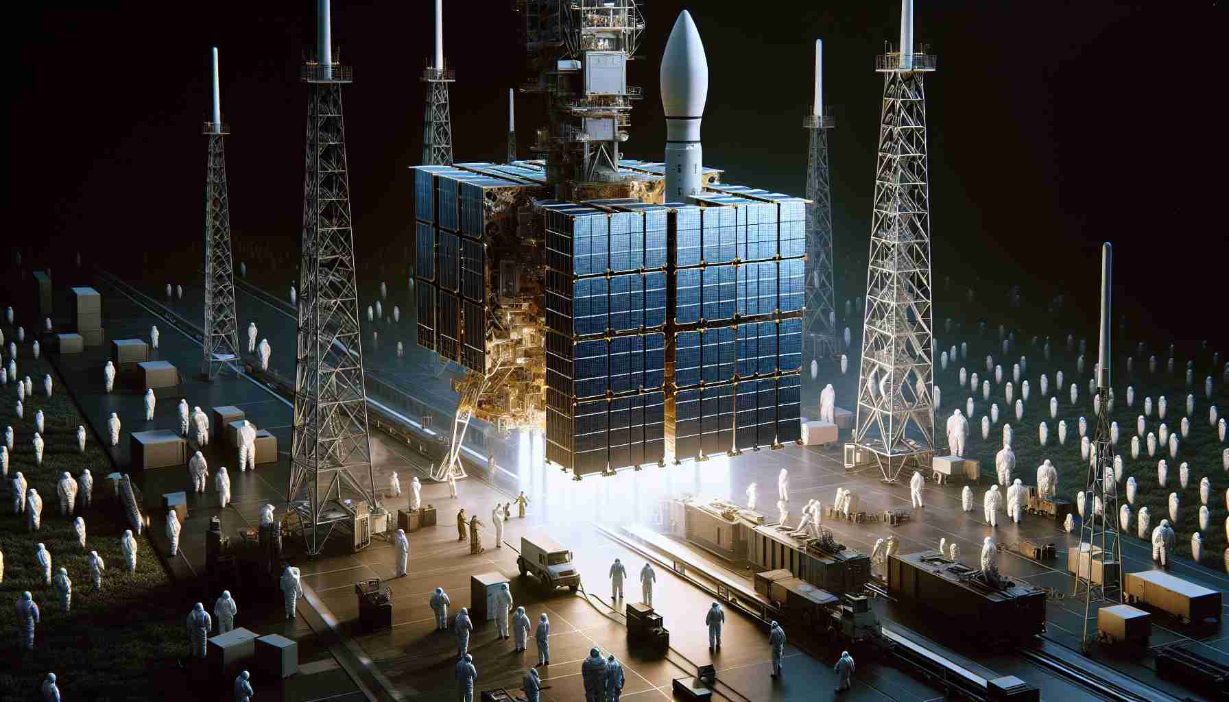 Generate a high-definition, realistic depiction of a pivotal event about to take place: the launch of an innovative satellite internet service. The scene includes a modern hefty rocket on a launchpad, teeming with anticipation, as figures in protective suits make final checks. In readiness, a sea of compact, flat-panel satellites awaited in the rocket's payload bay, symbolizing a technological revolution. Exquisite details indicate the cutting-edge technology involved, with the darkness of space as the backdrop for this event to unfold.