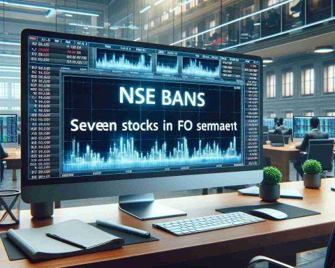 Generate a realistic, high-definition image of a stock market alert, specifically focusing on the National Stock Exchange (NSE). The alert headline should read, 'NSE Bans Seven Stocks in F&O Segment'. This should be displayed prominently on the screen of a computer or on a large flat-screen monitor within a bustling modern office environment.