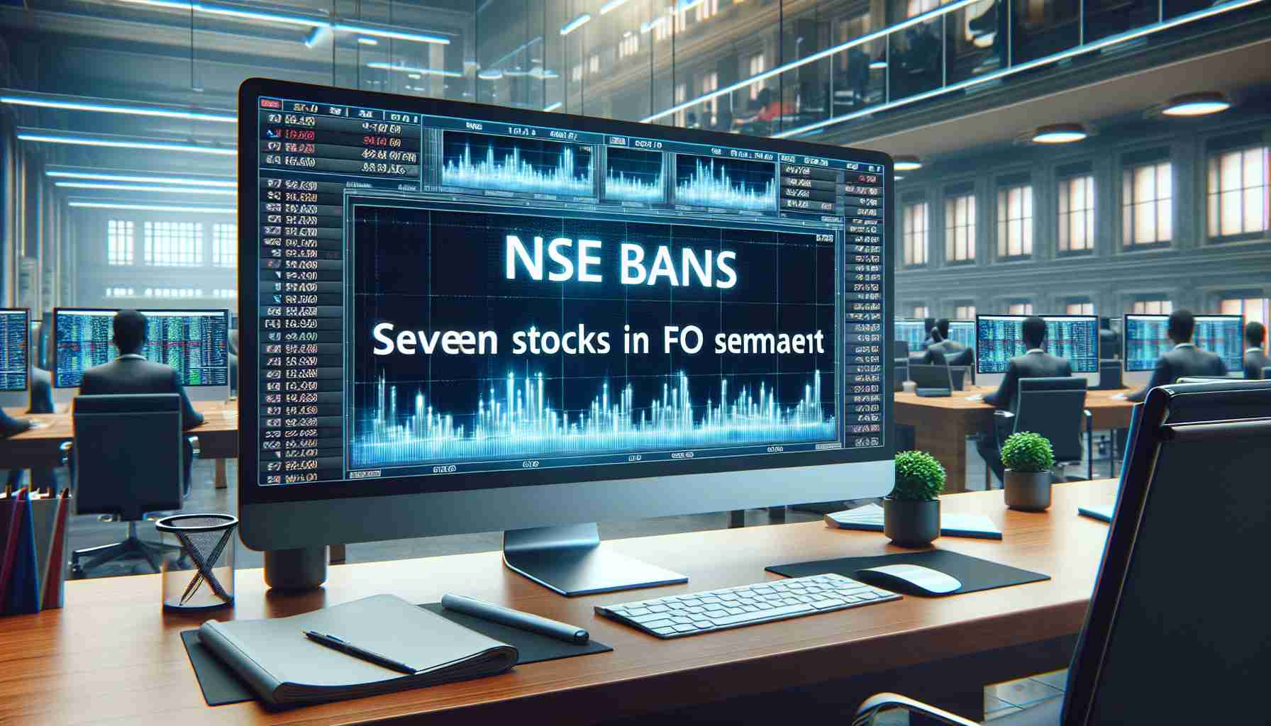 Generate a realistic, high-definition image of a stock market alert, specifically focusing on the National Stock Exchange (NSE). The alert headline should read, 'NSE Bans Seven Stocks in F&O Segment'. This should be displayed prominently on the screen of a computer or on a large flat-screen monitor within a bustling modern office environment.