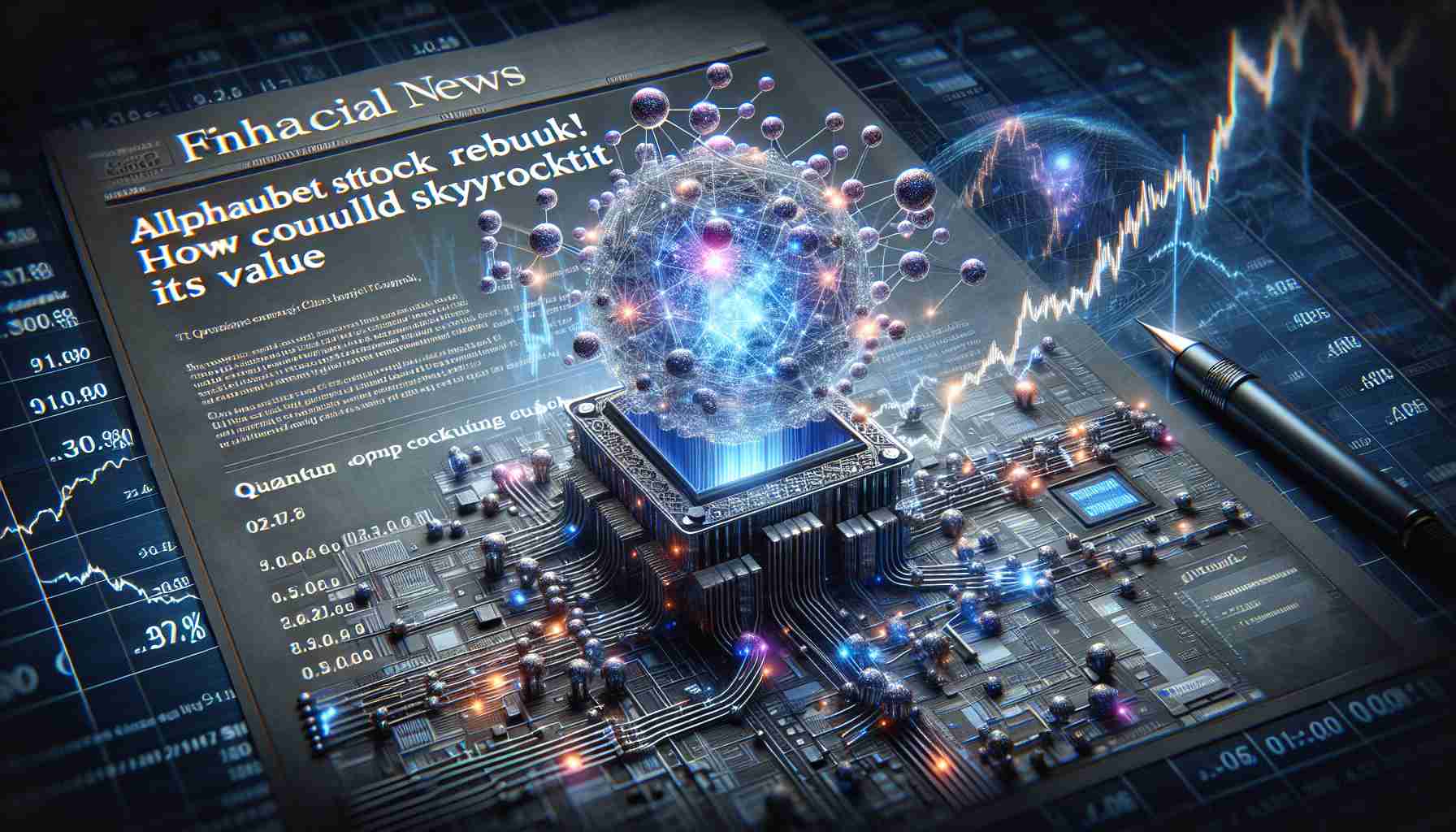 Produce a high-definition, realistic image concept. The scene is a financial news page with the headline, 'Alphabet Stock Reboot! How Quantum Computing Could Skyrocket Its Value'. Accompany the headline with a futuristic quantum computer, characterized by complex circuitry and glowing elements, interconnected spherical nodes and binary digits hovering around. The quantum computer is symbolic of the potential to boost Alphabet's value. Include stock charts with soaring lines to visualize the increasing value of Alphabet's stock.