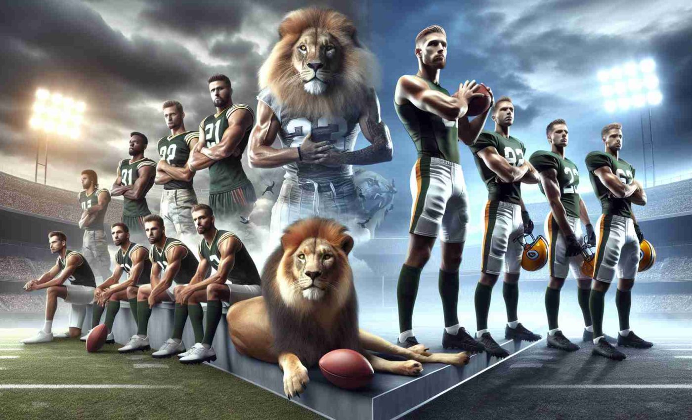 Create a highly realistic and detailed image showing the metaphorical representation of a sports competition. Specifically, present a scene in which a group of athletic and competitive lions are in the midst of a winning streak, posing with a triumphant demeanor. Opposite them, a team of determined-looking packers, conveying the tension of the upcoming sports challenge. Subtle visual elements should hint at the intense rivalry and anticipation for their face-off.