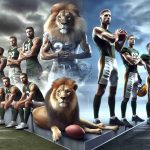 Create a highly realistic and detailed image showing the metaphorical representation of a sports competition. Specifically, present a scene in which a group of athletic and competitive lions are in the midst of a winning streak, posing with a triumphant demeanor. Opposite them, a team of determined-looking packers, conveying the tension of the upcoming sports challenge. Subtle visual elements should hint at the intense rivalry and anticipation for their face-off.