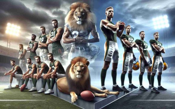 Create a highly realistic and detailed image showing the metaphorical representation of a sports competition. Specifically, present a scene in which a group of athletic and competitive lions are in the midst of a winning streak, posing with a triumphant demeanor. Opposite them, a team of determined-looking packers, conveying the tension of the upcoming sports challenge. Subtle visual elements should hint at the intense rivalry and anticipation for their face-off.