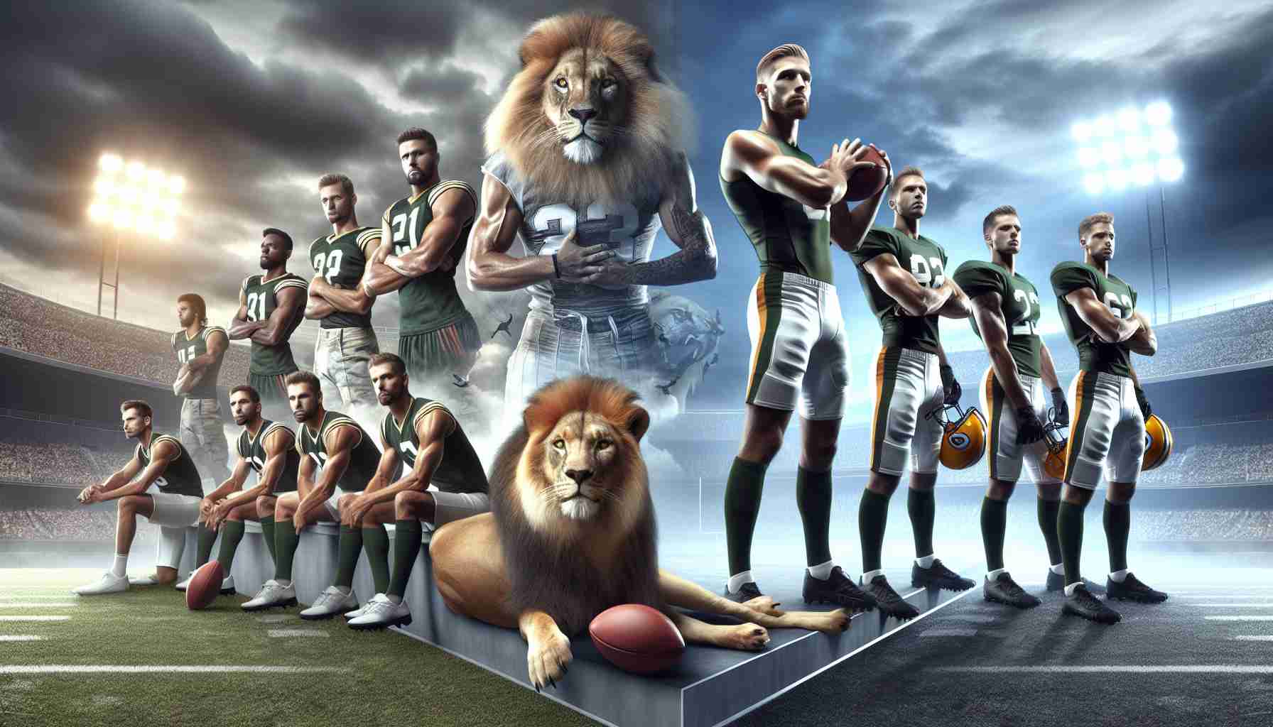 Create a highly realistic and detailed image showing the metaphorical representation of a sports competition. Specifically, present a scene in which a group of athletic and competitive lions are in the midst of a winning streak, posing with a triumphant demeanor. Opposite them, a team of determined-looking packers, conveying the tension of the upcoming sports challenge. Subtle visual elements should hint at the intense rivalry and anticipation for their face-off.