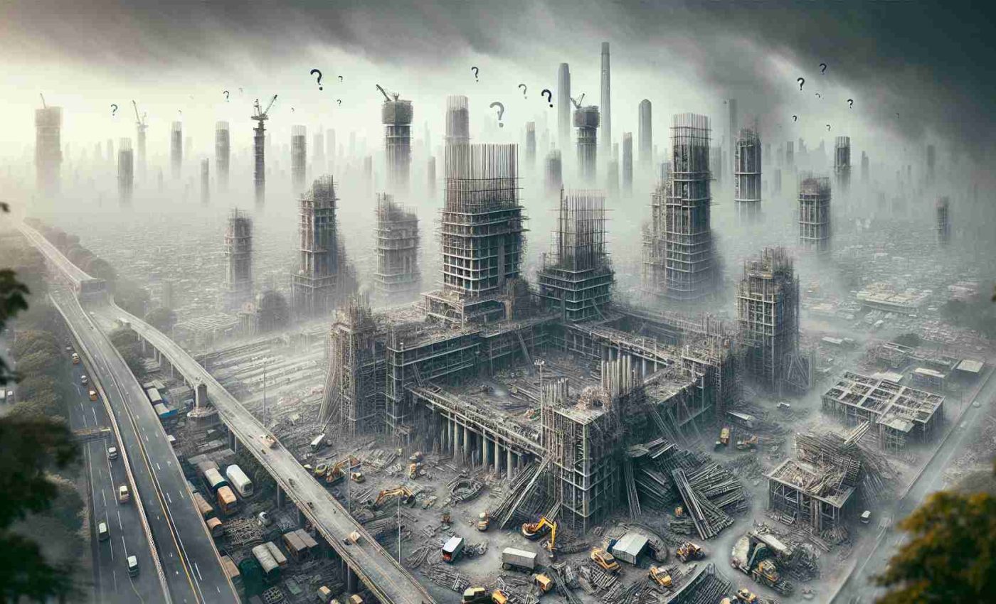 An ultra high-definition realistic image showcasing the halted progress of an artificial rain project in Delhi with numerous structures half-built and clutter of machinery around. The sky is gray and heavy with uncontrolled pollution. The cityscape grimly manifests the gravity of Delhi's pollution crisis. A few question marks loom in the sky, symbolizing uncertainty about the future of the city's pollution crisis.