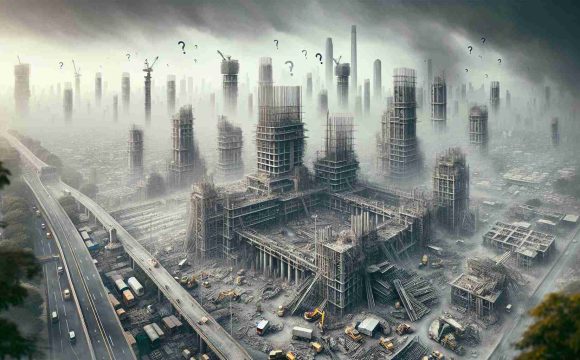 An ultra high-definition realistic image showcasing the halted progress of an artificial rain project in Delhi with numerous structures half-built and clutter of machinery around. The sky is gray and heavy with uncontrolled pollution. The cityscape grimly manifests the gravity of Delhi's pollution crisis. A few question marks loom in the sky, symbolizing uncertainty about the future of the city's pollution crisis.