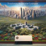 A detailed, high-definition painting of a city landscape dramatically changing due to a large educational investment of $9.9 million. The skyline is filled with the emergence of new educational buildings and schools, surrounded by verdant greenery and plants. An informative plaque bearing the title 'Transforming the Education Landscape: A $9.9 Million Investment' is embedded at the forefront of the image, showcasing the city's commitment to education.