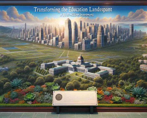 A detailed, high-definition painting of a city landscape dramatically changing due to a large educational investment of $9.9 million. The skyline is filled with the emergence of new educational buildings and schools, surrounded by verdant greenery and plants. An informative plaque bearing the title 'Transforming the Education Landscape: A $9.9 Million Investment' is embedded at the forefront of the image, showcasing the city's commitment to education.