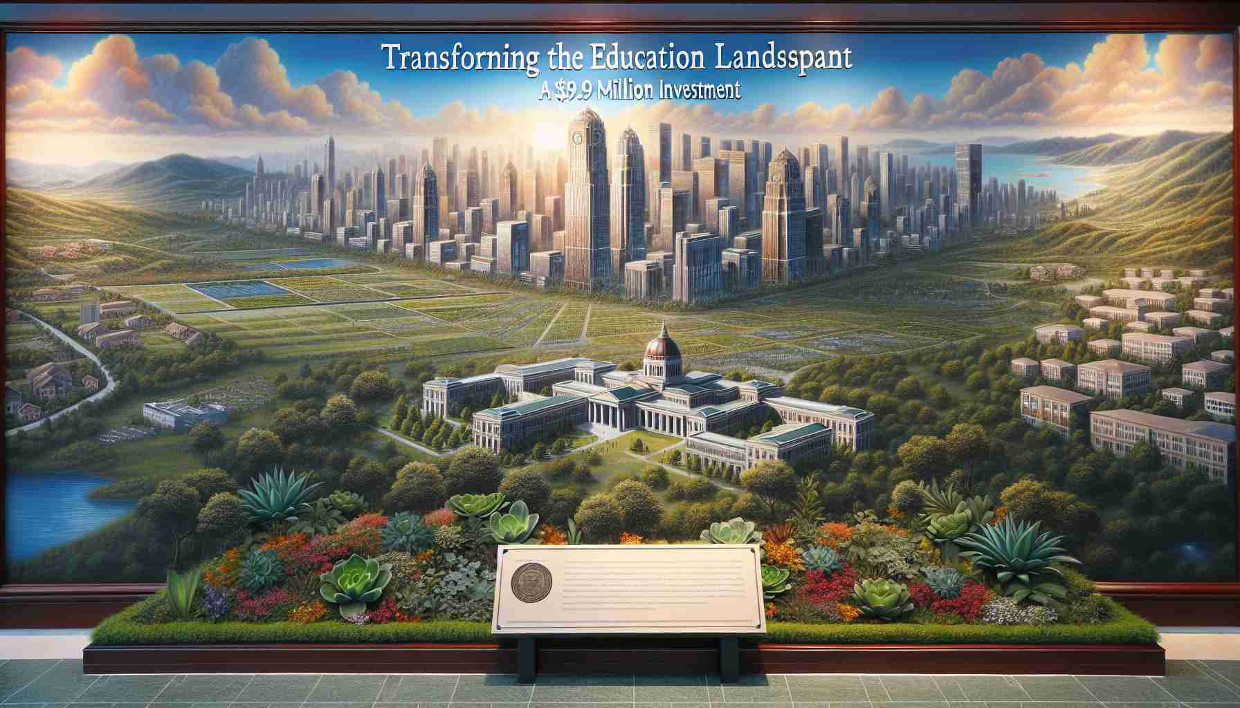 A detailed, high-definition painting of a city landscape dramatically changing due to a large educational investment of $9.9 million. The skyline is filled with the emergence of new educational buildings and schools, surrounded by verdant greenery and plants. An informative plaque bearing the title 'Transforming the Education Landscape: A $9.9 Million Investment' is embedded at the forefront of the image, showcasing the city's commitment to education.