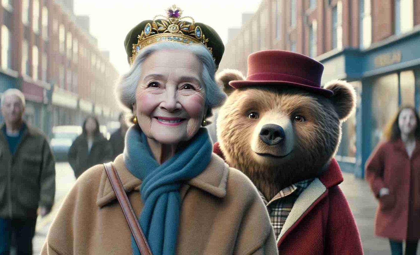 A realistic high-resolution image of an elderly woman, with a kind expression, decked in regal attire, complete with a crown, making a heartwarming cameo in a film featuring a talking bear wearing a duffle coat and a red hat, set in an urban environment.