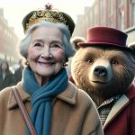 A realistic high-resolution image of an elderly woman, with a kind expression, decked in regal attire, complete with a crown, making a heartwarming cameo in a film featuring a talking bear wearing a duffle coat and a red hat, set in an urban environment.