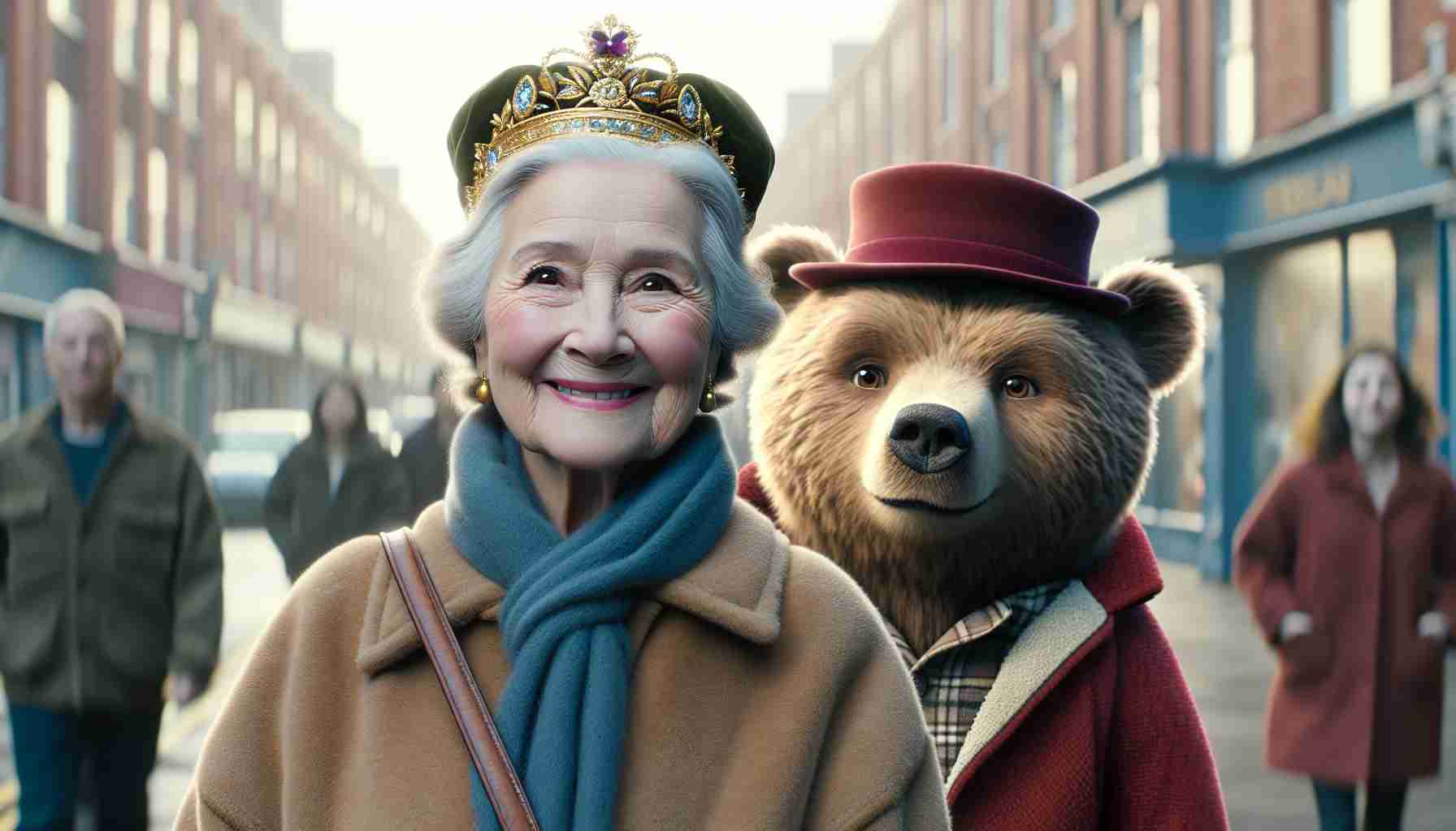 A realistic high-resolution image of an elderly woman, with a kind expression, decked in regal attire, complete with a crown, making a heartwarming cameo in a film featuring a talking bear wearing a duffle coat and a red hat, set in an urban environment.