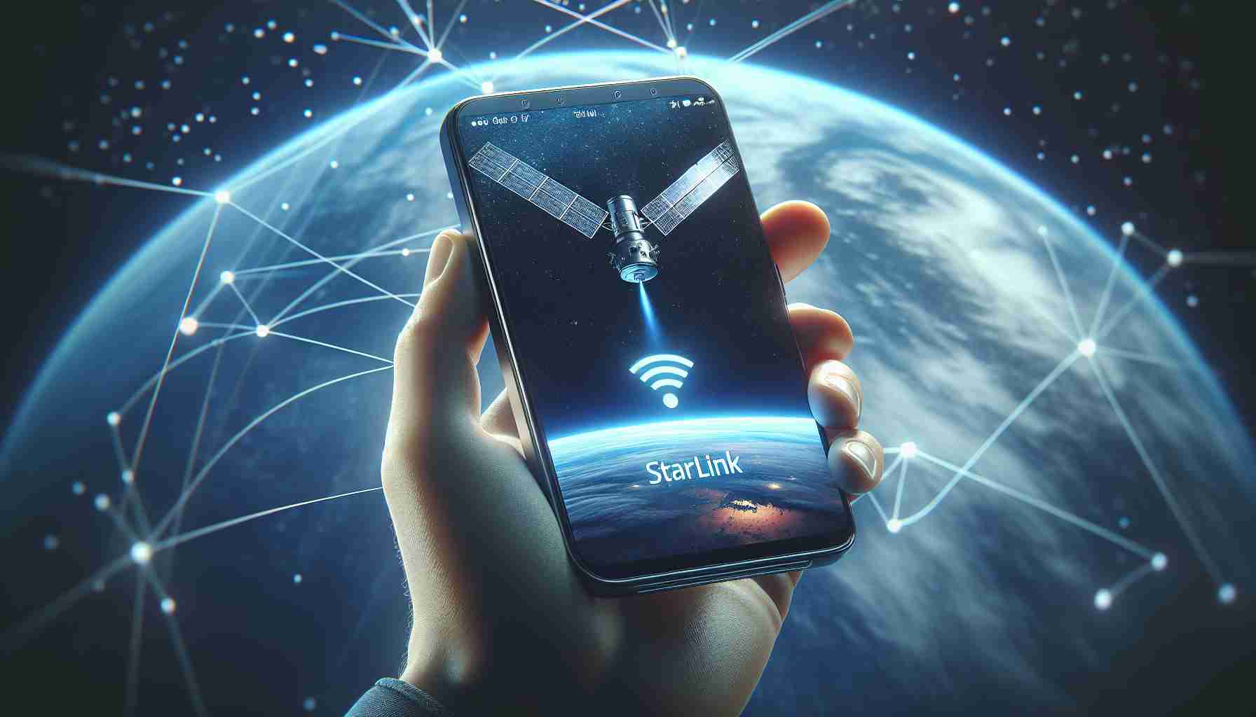 A high-definition, photo-realistic image depicting Starlink's latest initiative: a direct satellite connection for mobile phones. The image should detail a smartphone displaying a connection status with the Starlink network. This connection should be represented by a symbolic icon of a satellite in orbit around Earth. The background could convey a sky or space theme to align with the satellite communication concept. Perhaps, the smartphone could be depicted in a close-up shot, resting atop a table or in a human hand. However, the image should not include any specific brand or model of mobile phone.