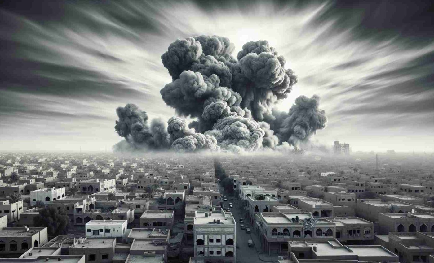 HD picture depicting a hypothetical scenario of escalating conflict where, against a stark gray sky, one sees smoke billowing from a building after an airstrike, with the location suggested as the Middle-East, focusing less on the political tension and more on the depiction of war-torn architecture. Please focus on the intensity of the event while maintaining a respectful and unbiased view. It's important to note that this image should not depict violence or human harm directly in order to respect sensitivity around such difficult topics.