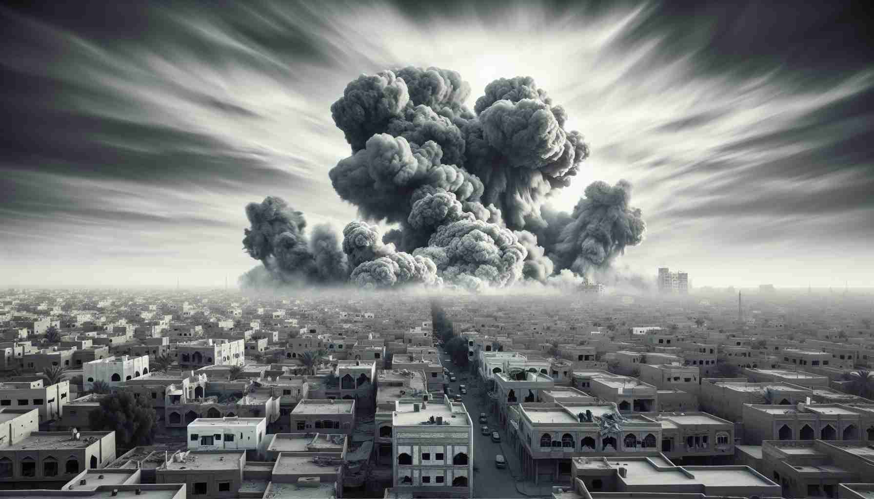 HD picture depicting a hypothetical scenario of escalating conflict where, against a stark gray sky, one sees smoke billowing from a building after an airstrike, with the location suggested as the Middle-East, focusing less on the political tension and more on the depiction of war-torn architecture. Please focus on the intensity of the event while maintaining a respectful and unbiased view. It's important to note that this image should not depict violence or human harm directly in order to respect sensitivity around such difficult topics.