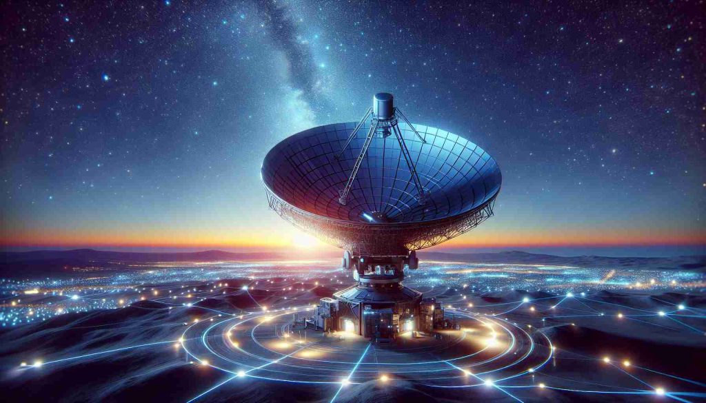 Generate a high-definition, realistic image showcasing the concept of 'Unlocking the Future.' Depict a large, advanced satellite dish set against a vast twilight sky filled with twinkling stars. The satellite dish is oriented towards the starry sky, symbolic of fixed satellite services being prepared for a significant future escalation. Incorporate elements of technology and futurism into the image. Ensure that the satellite dish appears equipped with state-of-the-art technology, emphasizing the theme 'Set to Skyrocket.' Illuminate the scene with a gentle glow from the twilight, suggesting the approaching dawn of a new era in satellite technology.