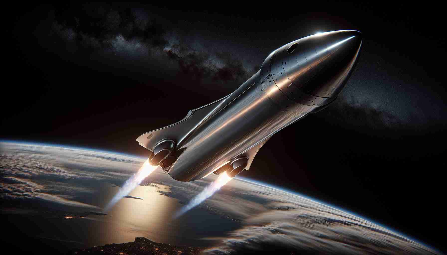 An ultra high-definition, realistic image of SpaceX's monumental Starship as it is launching into the atmosphere. Behind it, the earth's surface can be seen below, showing the dramatic curvature of our planet. The iconic Starship design is distinguished by its sleek stainless steel body, sleek aerodynamic shape and its powerful raptor engines pushing it beyond the limits of our atmosphere. This scene symbolizes a bold new era in space exploration and the future of interplanetary travel.