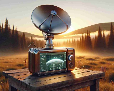 Create a realistic high-definition illustration of a portable satellite internet solution from a fictional company called 'Kacific.' Picture the scene during golden hour with the sun setting on the horizon. The portable device is medium-sized with a shiny metallic surface and an unfolded satellite dish. It's placed on top of a rustic wooden table in an open grassland. Far away, there are pine trees and mountains as a backdrop. The screen of the device shows a seamless internet connection, symbolizing staying connected anywhere.