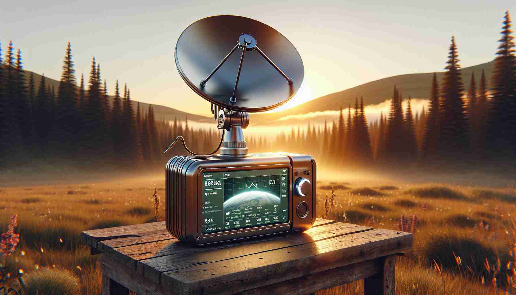 Create a realistic high-definition illustration of a portable satellite internet solution from a fictional company called 'Kacific.' Picture the scene during golden hour with the sun setting on the horizon. The portable device is medium-sized with a shiny metallic surface and an unfolded satellite dish. It's placed on top of a rustic wooden table in an open grassland. Far away, there are pine trees and mountains as a backdrop. The screen of the device shows a seamless internet connection, symbolizing staying connected anywhere.