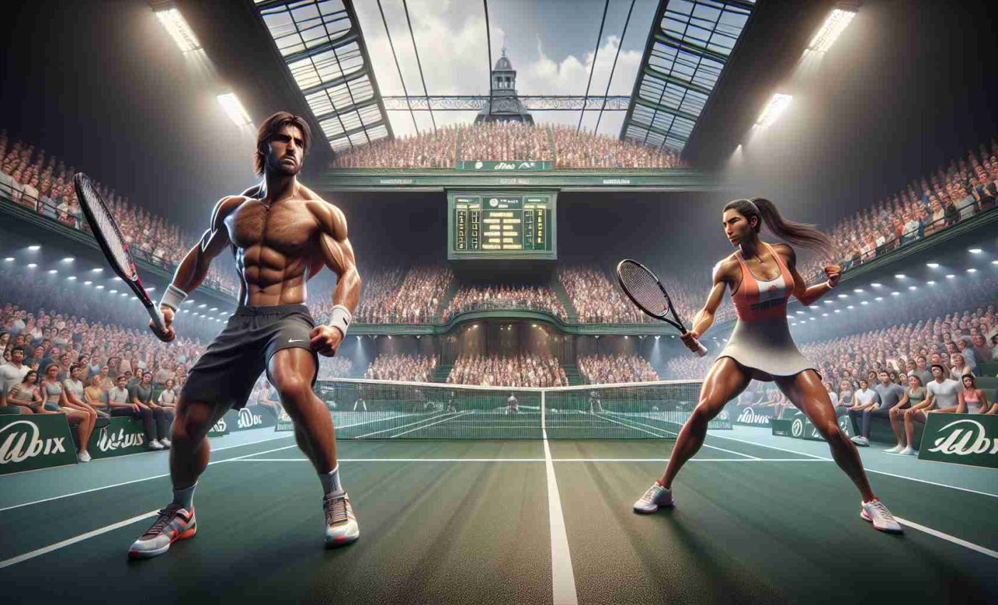 Realistically portrayed tennis match showdown in high-definition. The tension is palpable as two opponents, one a muscled Caucasian male with a focused gaze and fiery determination, the other an agile Middle-Eastern woman showcasing immense power and precision, compete at a grand tournament. The venue is filled to the brim with spectators waiting with bated breath, looking onto the green court with glowing white boundary lines. An enormous scoreboard looms in the background, reminding the crowd of the high stakes. The event, devoid of specific branding, thrives in the romantic city of Paris.